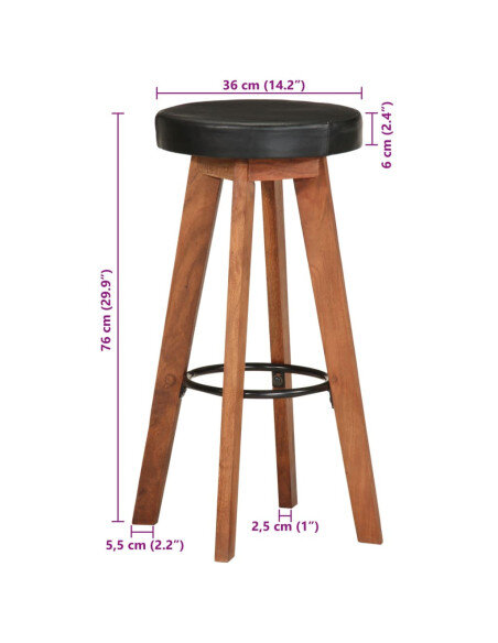 Tabourets de bar Industriel / Rétro - Vintage 2 pièces en cuir véritable et bois d'acacia Noir  {attributes}