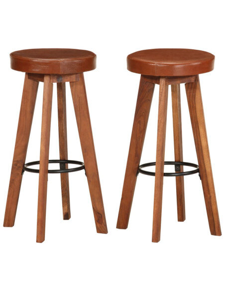 Chaise de bar Rétro / Vintage en lot de 2 en cuir véritable et bois d'acacia Brun  {attributes} Chaise de bar Rétro / Vintage en lot de 2 en cuir véritable et bois d'acacia Brun  {attributes}