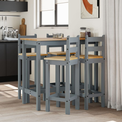 Ensemble Table mange debout Campagne avec 4 tabourets - Gris - Bois massif de pin 