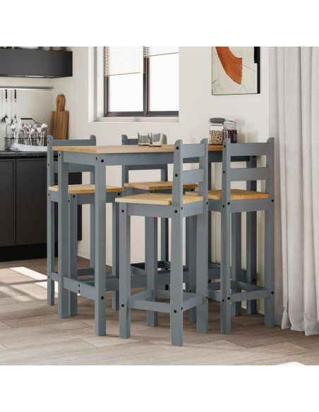 Ensemble Table mange debout Campagne avec 4 tabourets - Gris - Bois massif de pin 