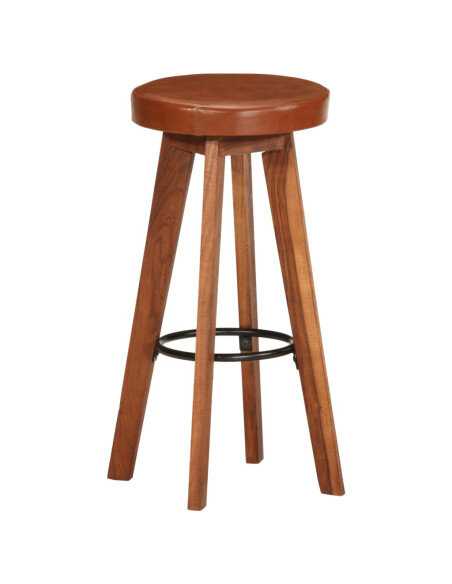 Chaise de bar Rétro / Vintage en lot de 2 en cuir véritable et bois d'acacia Brun  {attributes} Chaise de bar Rétro / Vintage en lot de 2 en cuir véritable et bois d'acacia Brun  {attributes}