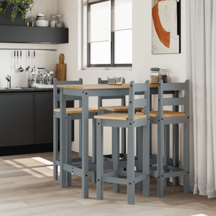 Ensemble Table mange debout Campagne avec 4 tabourets - Gris - Bois massif de pin 