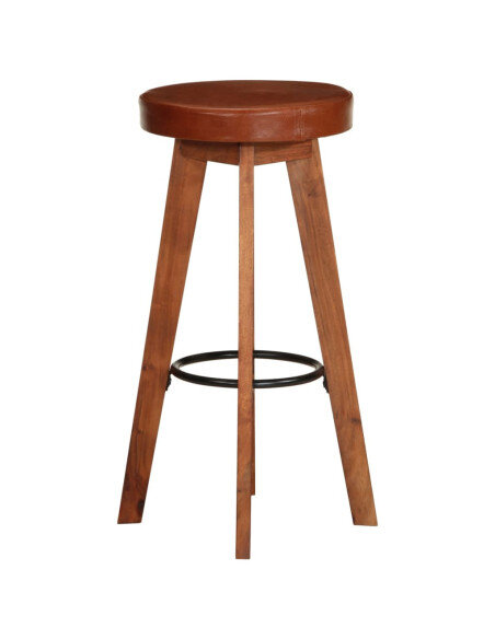 Chaise de bar Rétro / Vintage en lot de 2 en cuir véritable et bois d'acacia Brun  {attributes} Chaise de bar Rétro / Vintage en lot de 2 en cuir véritable et bois d'acacia Brun  {attributes}
