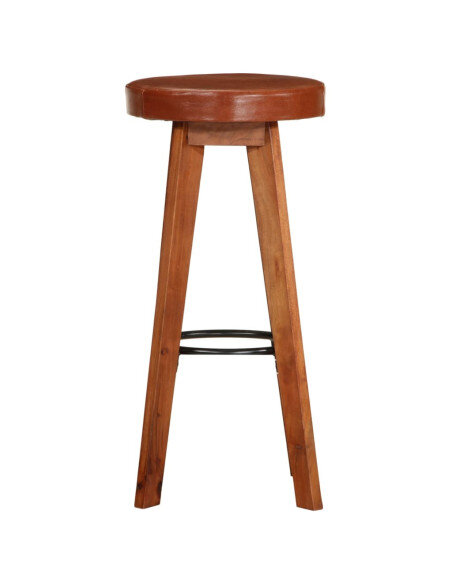Chaise de bar Rétro / Vintage en lot de 2 en cuir véritable et bois d'acacia Brun  {attributes} Chaise de bar Rétro / Vintage en lot de 2 en cuir véritable et bois d'acacia Brun  {attributes}