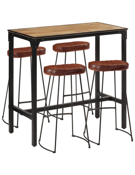 Ensemble Table mange debout Industriel avec 4 tabourets - Marron foncé - Bois massif de manguier et fer 
