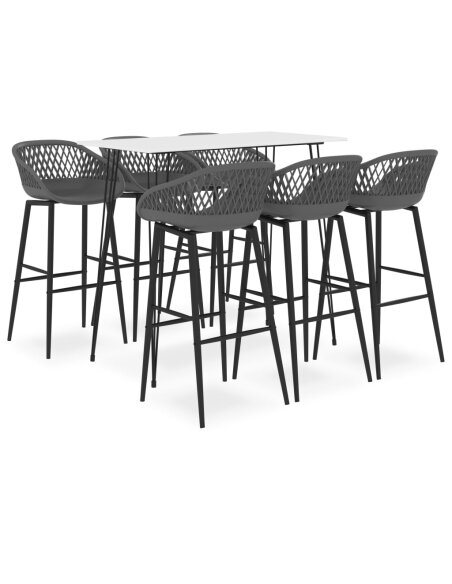 Ensemble Table mange debout Scandinave avec 6 tabourets - Blanc et gris - Bois et métal  Ensemble Table mange debout Scandinave avec 6 tabourets - Blanc et gris - Bois et métal