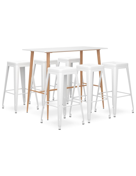 Ensemble Table mange debout Scandinave avec 6 tabourets - Blanc - Bois et métal 