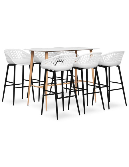 Ensemble Table mange debout Scandinave avec 6 tabourets - Blanc - Bois et métal 