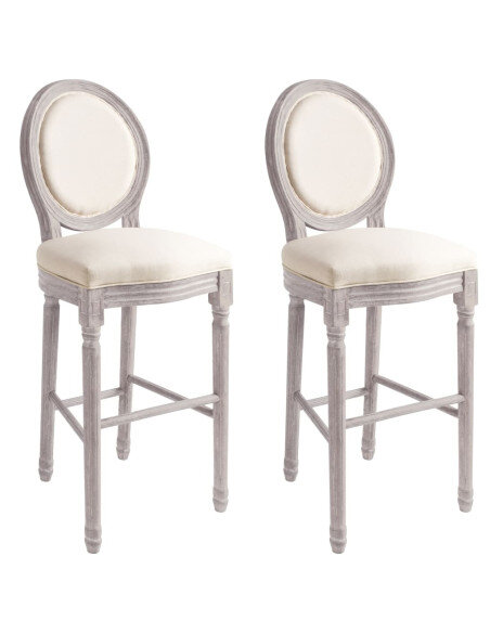 Tabourets de bar campagne / chic en lot de 2 en bois et avec revêtement en lin Blanc  {attributes}