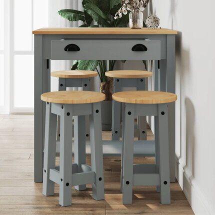 Ensemble Table mange debout Campagne avec 4 tabourets - Gris - Bois massif de pin 