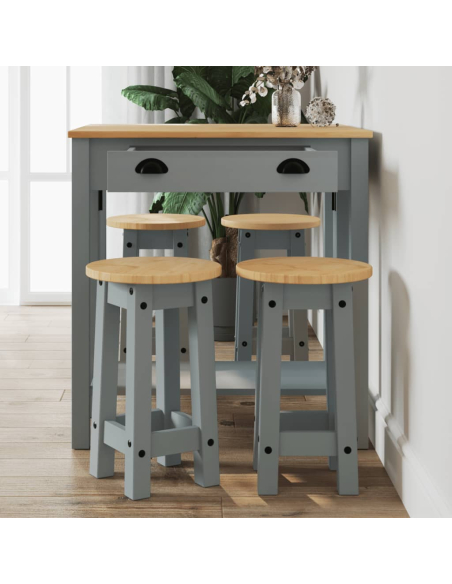 Ensemble Table mange debout Campagne avec 4 tabourets - Gris - Bois massif de pin 
