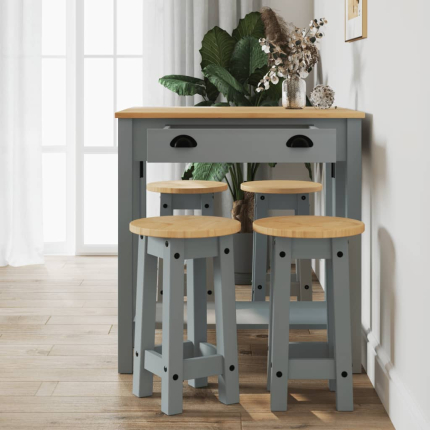 Ensemble Table mange debout Campagne avec 4 tabourets - Gris - Bois massif de pin 