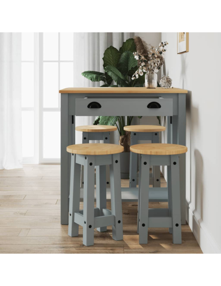 Ensemble Table mange debout Campagne avec 4 tabourets - Gris - Bois massif de pin 