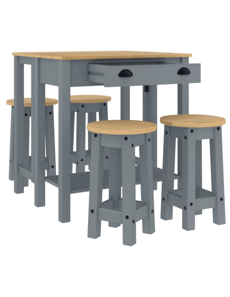 Ensemble Table mange debout Campagne avec 4 tabourets - Gris - Bois massif de pin 