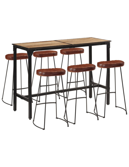Ensemble Table mange debout Industriel avec 6 tabourets - Marron foncé - Bois massif de manguier et fer 