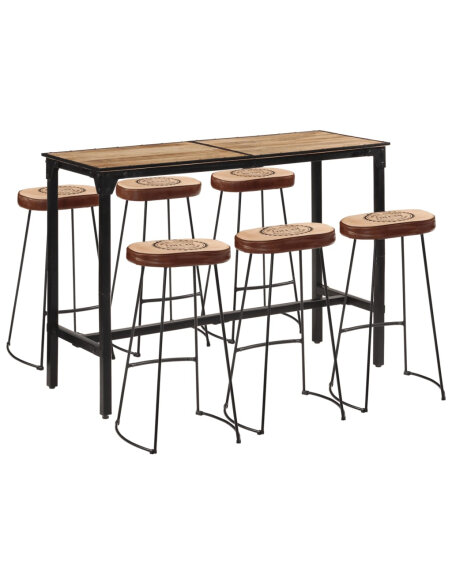 Ensemble Table mange debout Industriel avec 6 tabourets - Marron foncé - Bois massif de manguier et fer  Ensemble Table mange debout Industriel avec 6 tabourets - Marron foncé - Bois massif de manguier et fer