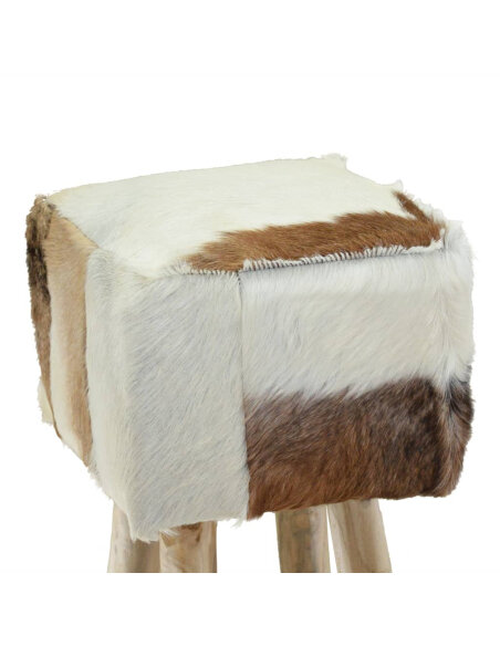 Tabouret de bar en cuir poils de chèvre fourrure et bois
