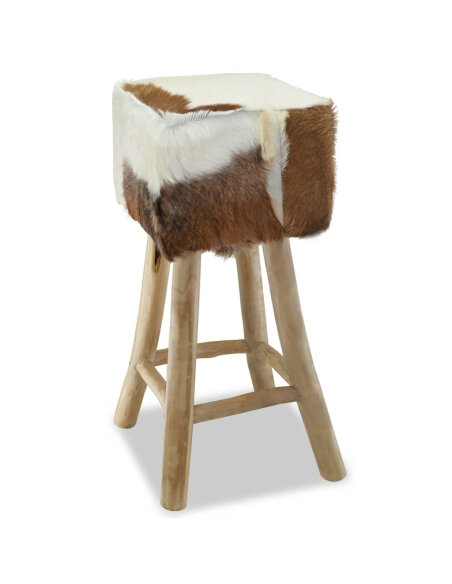 Tabouret de bar en cuir poils de chèvre fourrure et bois