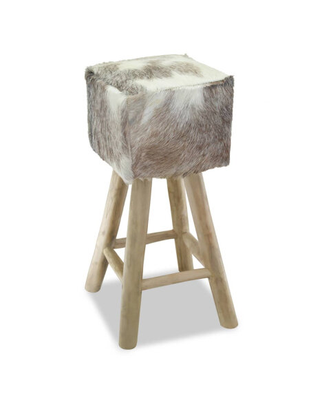Tabouret de bar en cuir poils de chèvre fourrure et bois