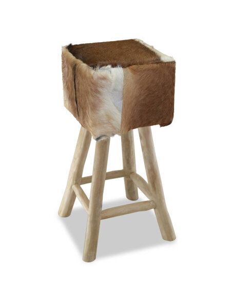 Tabouret de bar en cuir poils de chèvre fourrure et bois