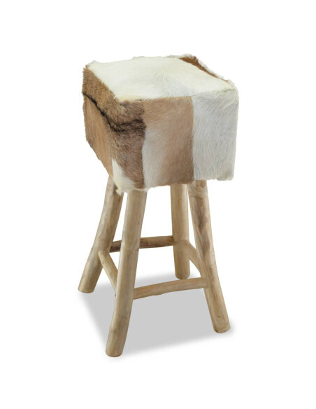 Tabouret de bar en cuir poils de chèvre fourrure et bois