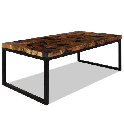 Table basse blanche résine noire et bois massif rectangulaire style industriel