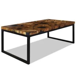 Table basse blanche résine noire et bois massif rectangulaire style industriel 2