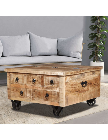 Table basse  industrielle avec rangement en bois massif de manguier