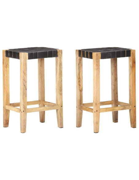 Tabourets de bar Bohème / Nature en lot de 2 en cuir véritable Noir & Bois 75 cm {attributes} Tabourets de bar Bohème / Nature en lot de 2 en cuir véritable Noir & Bois 75 cm {attributes}