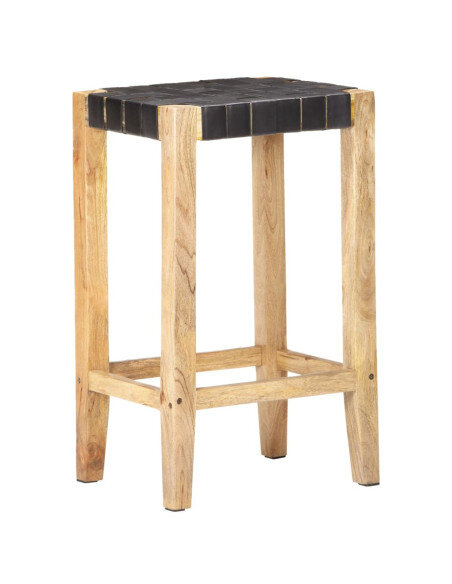 Tabourets de bar Bohème / Nature en lot de 2 en cuir véritable Noir & Bois 75 cm {attributes} Tabourets de bar Bohème / Nature en lot de 2 en cuir véritable Noir & Bois 75 cm {attributes}