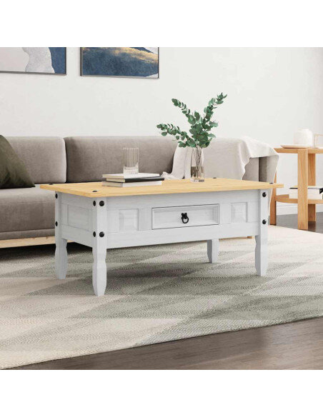 Table Basse Campagne Blanche et Bois avec tiroir Table Basse Campagne Blanche et Bois avec tiroir