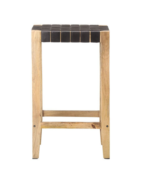 Tabourets de bar Bohème / Nature en lot de 2 en cuir véritable Noir & Bois 75 cm {attributes} Tabourets de bar Bohème / Nature en lot de 2 en cuir véritable Noir & Bois 75 cm {attributes}