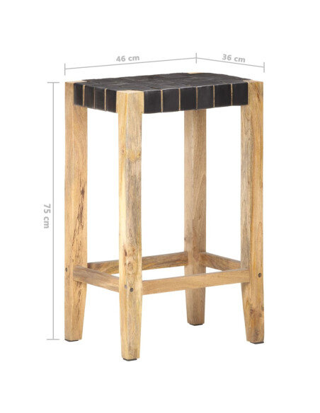 Tabourets de bar Bohème / Nature en lot de 2 en cuir véritable Noir & Bois 75 cm {attributes} Tabourets de bar Bohème / Nature en lot de 2 en cuir véritable Noir & Bois 75 cm {attributes}