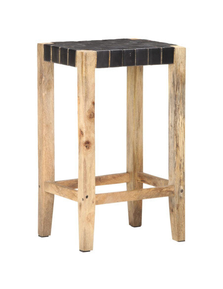 Tabourets de bar Bohème / Nature en lot de 2 en cuir véritable Noir & Bois 75 cm {attributes} Tabourets de bar Bohème / Nature en lot de 2 en cuir véritable Noir & Bois 75 cm {attributes}