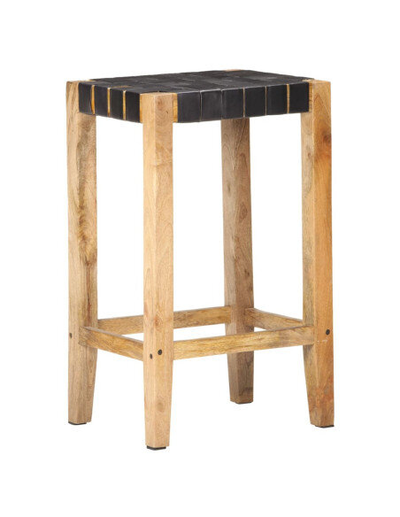 Tabourets de bar Bohème / Nature en lot de 2 en cuir véritable Noir & Bois 75 cm {attributes} Tabourets de bar Bohème / Nature en lot de 2 en cuir véritable Noir & Bois 75 cm {attributes}