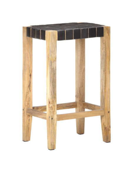 Tabourets de bar Bohème / Nature en lot de 2 en cuir véritable Noir & Bois 75 cm {attributes} Tabourets de bar Bohème / Nature en lot de 2 en cuir véritable Noir & Bois 75 cm {attributes}