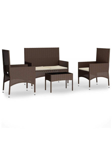 Salon de jardin 4 pcs avec coussins Marron Résine tressée