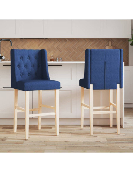 Chaise de bar campagne / chic en lot de 2 en bois massif d'hévéa et tissu Bleu  {attributes}
