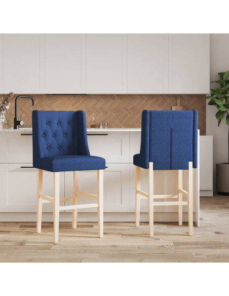 Chaise de bar campagne / chic en lot de 2 en bois massif d'hévéa et tissu Bleu  {attributes}