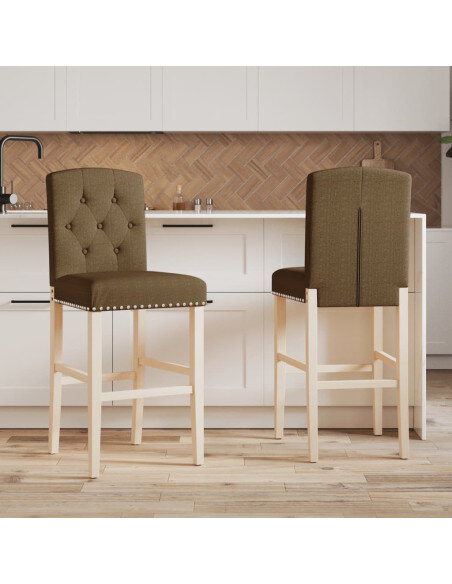 Chaise de bar campagne / chic en lot de 2 en bois massif d'hévéa et tissu Taupe  {attributes} Chaise de bar campagne / chic en lot de 2 en bois massif d'hévéa et tissu Taupe  {attributes}