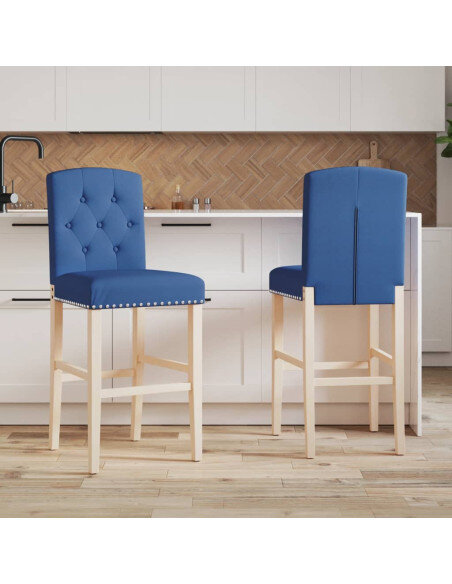 Chaise de bar campagne / chic en lot de 2 en bois massif d'hévéa et tissu Bleu  {attributes}