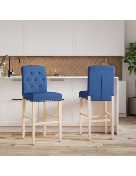 Chaise de bar campagne / chic en lot de 2 en bois massif d'hévéa et tissu Bleu  {attributes}