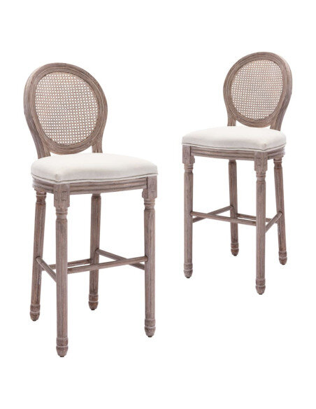 Tabourets de bar campagne / chic en lot de 2 en bois et avec revêtement en lin Blanc  {attributes}