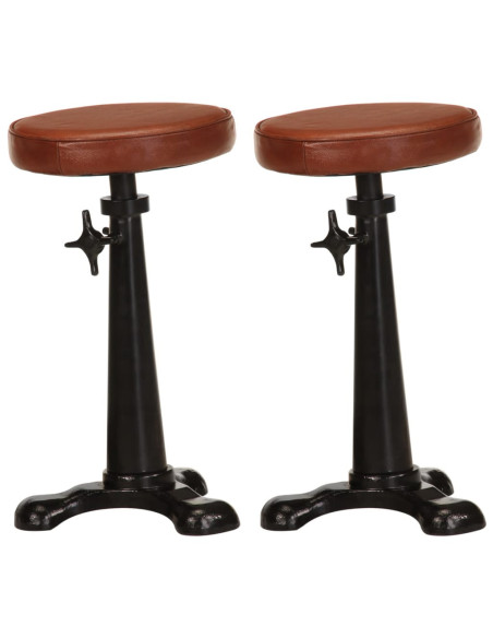 Tabourets de bar Industriel / Rétro - Vintage en lot de 2 en cuir véritable et fonte Brun {attributes}
