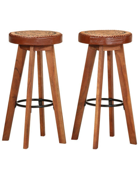 Tabourets de bar Industriel / Rétro - Vintage 2 pièces en cuir véritable et bois d'acacia Brun  {attributes} Tabourets de bar Industriel / Rétro - Vintage 2 pièces en cuir véritable et bois d'acacia Brun  {attributes}