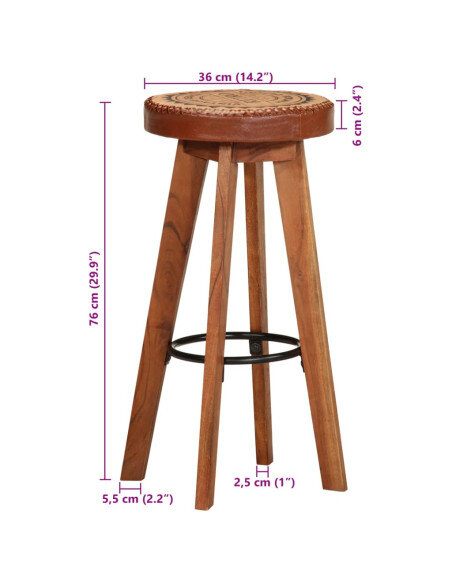 Tabourets de bar Industriel / Rétro - Vintage 2 pièces en cuir véritable et bois d'acacia Brun  {attributes} Tabourets de bar Industriel / Rétro - Vintage 2 pièces en cuir véritable et bois d'acacia Brun  {attributes}