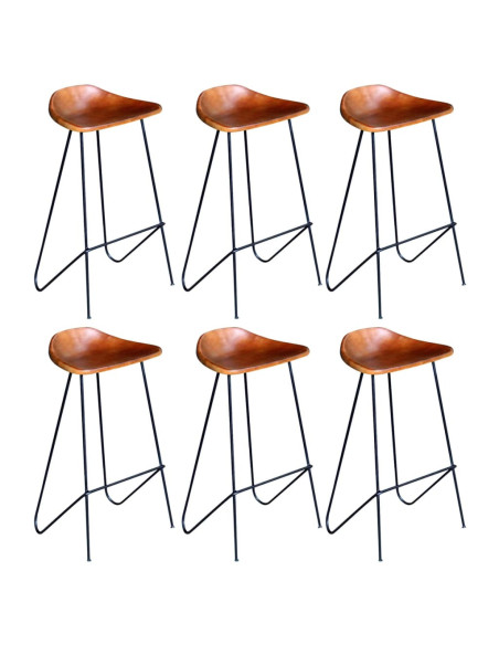 Chaise de bar industrielle en lot de 6 en cuir véritable Brun  {attributes}